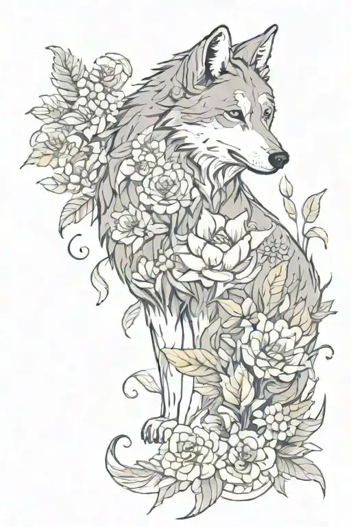 a wolf and some koi fish surrounded by different types of flowers and pot leaf tattoo design idea