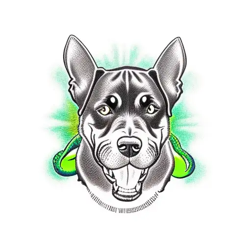 brown rottweiler biting on a bright green snake tattoo design idea