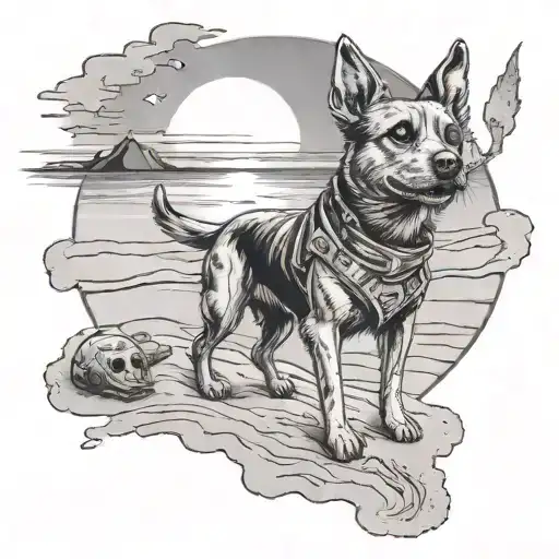 A tattoo design of a beach scene with a Fallout-inspired sunset and your dog playing in the sand, with subtle video game references hidden in the background tattoo design idea