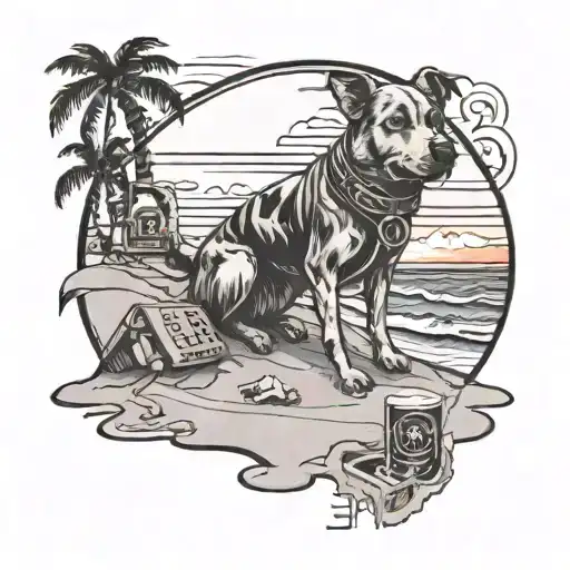 A tattoo design of a beach scene with a Fallout-inspired sunset and your dog playing in the sand, with subtle video game references hidden in the background tattoo design idea