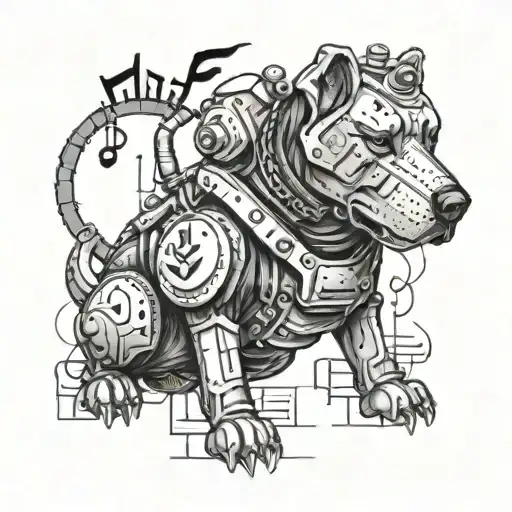 A tattoo design featuring your dog wearing power armor from the Fallout video game, surrounded by musical notes and symbols tattoo design idea