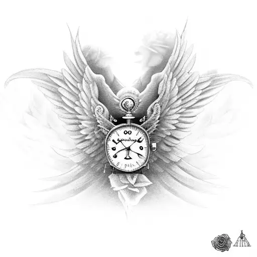 female angel with wings and roses and old watch tattoo design idea