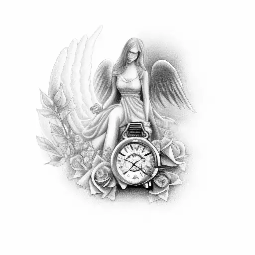 female angel with roses and old watch tattoo design idea
