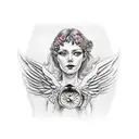 female angel with wings and roses and old Watch for men tattoo design idea