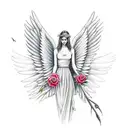 female angel with wings and roses and old Watch for men tattoo design idea