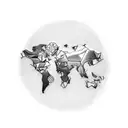 Create a tattoo design that showcases a world map with anime characters engaging in various sports activities in different countries, representing your passion for travel, sports, and anime. tattoo design idea