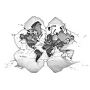 Create a tattoo design that showcases a world map with anime characters engaging in various sports activities in different countries, representing your passion for travel, sports, and anime. tattoo design idea