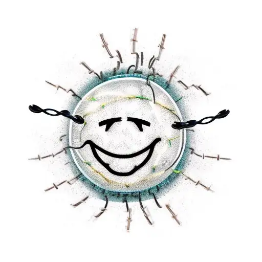 Smiley face surrounded by barbed wire and the text "Cautiously optimistic" tattoo design idea