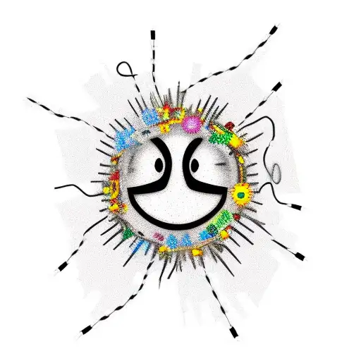 Smiley face surrounded by barbed wire and the text "Cautiously optimistic" tattoo design idea