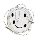 Smiley face surrounded by barbed wire and the text "Cautiously optimistic" tattoo design idea