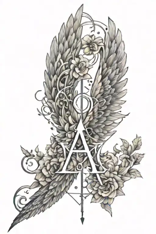 initials SM flowers, Angels, empathy, wings, Heaven, peace, doves, Crussafix  tattoo design idea