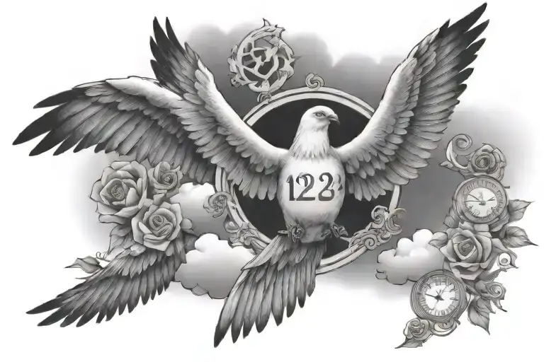 create a full chest tatoo with a background of clouds, doves, and the roman numerals of the date 12.05.2001  tattoo design idea