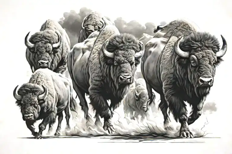 a herd of buffalo walking into a storm clouds tattoo design idea