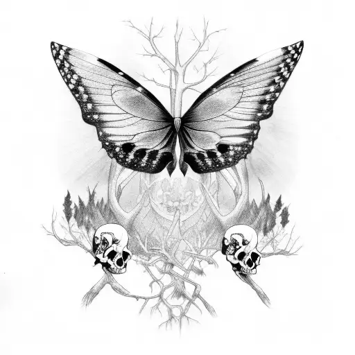 gothic butterflies and skulls in a forest  tattoo design idea