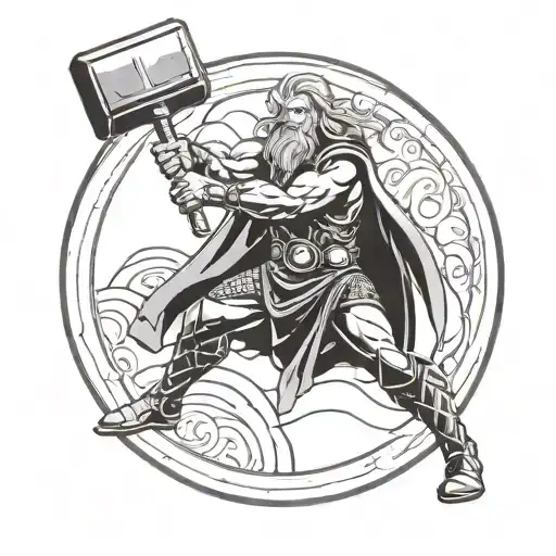 thor about to throw hammer, viking dunes in a circle around him tattoo design idea