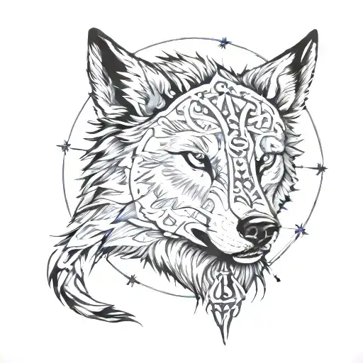 wolf head from side view, viking symbols in a circle around the wolf, compass arrows around it tattoo design idea