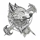 wolf head from side view, viking symbols in a circle around the wolf, compass arrows around it tattoo design idea
