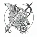 wolf head from side view, viking symbols in a circle around the wolf, compass arrows around it tattoo design idea