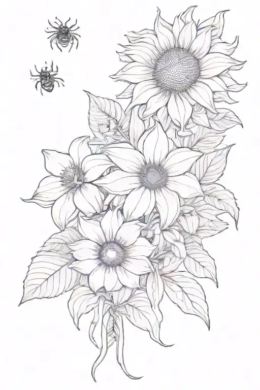a violet, a sunflower. a lily bouquet with a spider going down it tattoo design idea