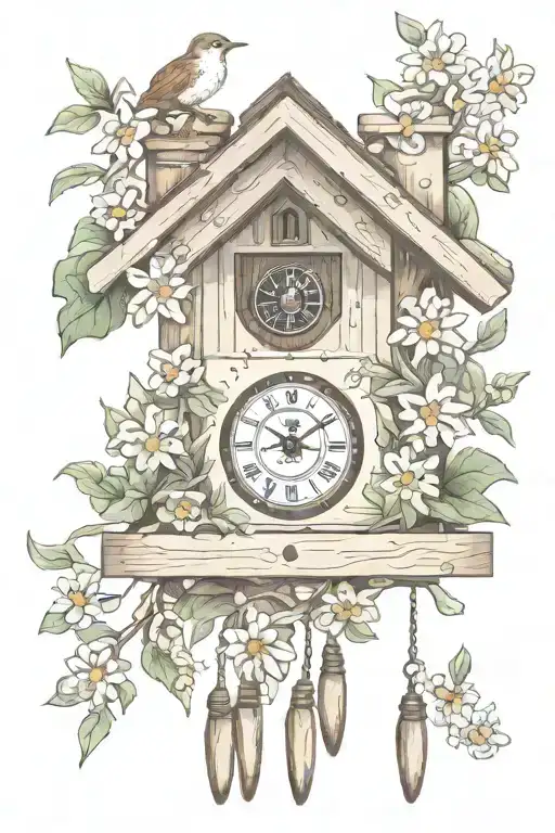 cuckoo clock German with pretzel and edelweiss flowers around simple and delicate  tattoo design idea