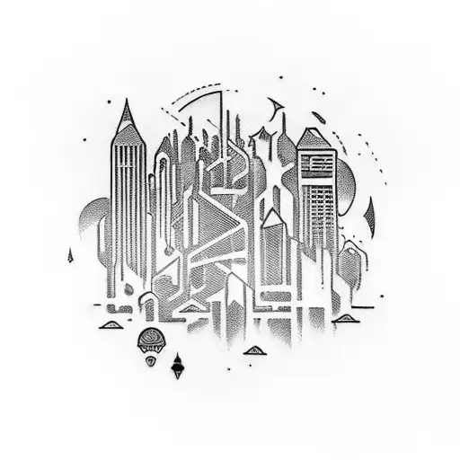 A tattoo design combining elements of technology and adventure, such as a futuristic cityscape and a motorcycle riding through it tattoo design idea