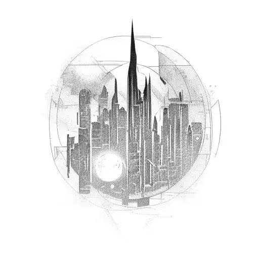 A tattoo design combining elements of technology and adventure, such as a futuristic cityscape and a motorcycle riding through it tattoo design idea