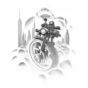 A tattoo design combining elements of technology and adventure, such as a futuristic cityscape and a motorcycle riding through it tattoo design idea