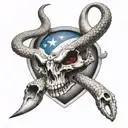 A realistic portrait of a rattlesnake and longhorn skull with a Texas flag draped over them tattoo design idea