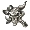 A realistic portrait of a rattlesnake and longhorn skull with a Texas flag draped over them tattoo design idea