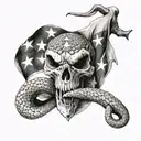 A realistic portrait of a rattlesnake and longhorn skull with a Texas flag draped over them tattoo design idea