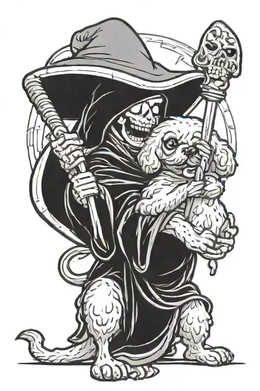  grim reaper from family guy holding a small Maltipoo with her tongue sticking out tattoo design idea