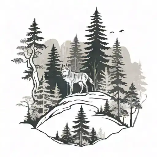 A forest landscape with a hidden wolf silhouette in black-grey style tattoo design idea