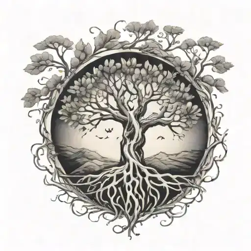 A tree of life tattoo with roots reaching deep into the earth, symbolizing your connection to nature while hiking tattoo design idea