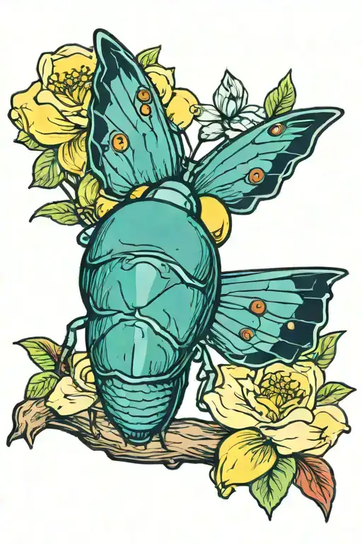 a teal June bug sitting in a white dogwood tree with yellow roses and blue bonnets on a cardinal background tattoo design idea