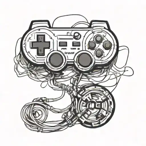 A minimalist tattoo design of a retro video game controller intertwined with car parts tattoo design idea
