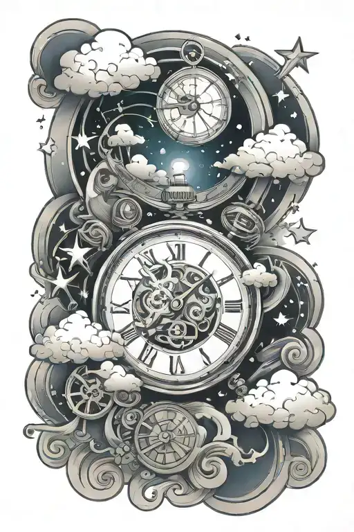 cloud,clock,music,stars,web tattoo design idea