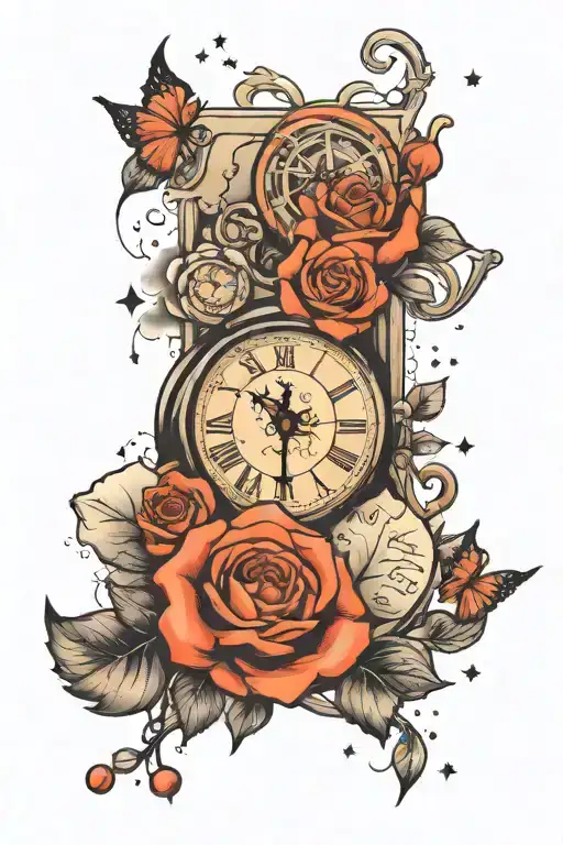 cloud,clock,music,rose,stars,web tattoo design idea
