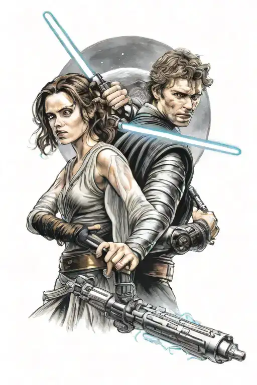 anakin Skywalker wielding a lightsaber and padme with him tattoo design idea