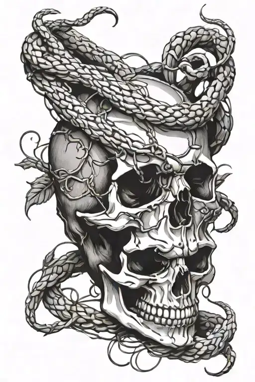 skull with barbed wire and snake tattoo design idea