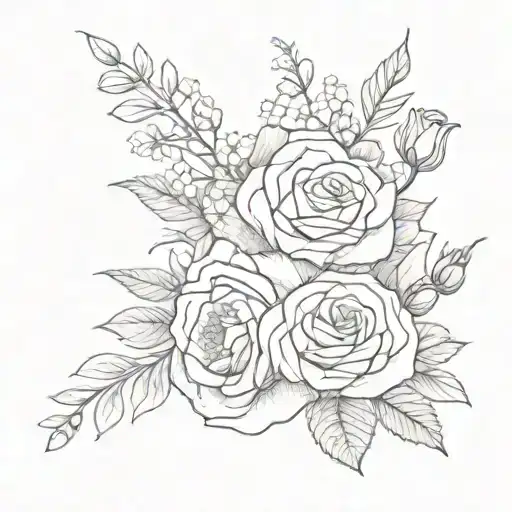 female  floral wrap from shoulder to forearm with roses, carnations, and baby's breath tattoo design idea