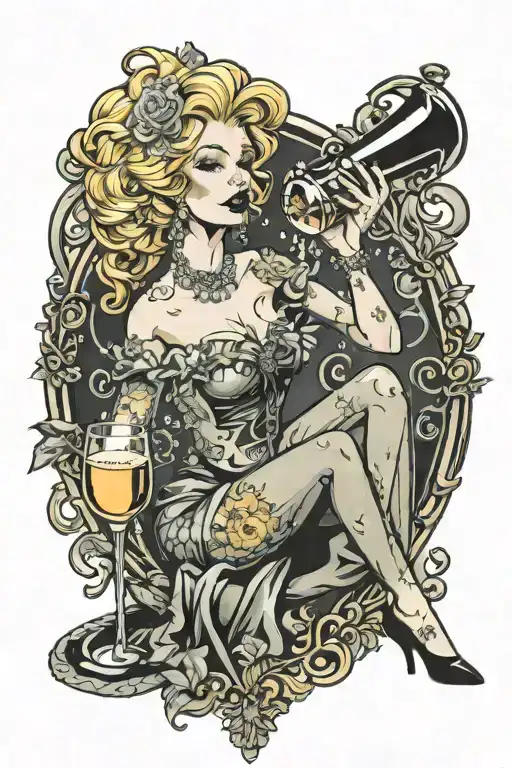 Burlesque blonde woman on glass of champagne tattoo design idea