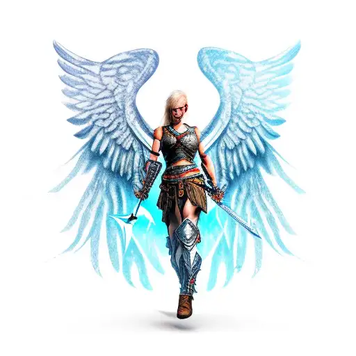 warrior with wings and sword stay on the knee and looking in the ground tattoo design idea