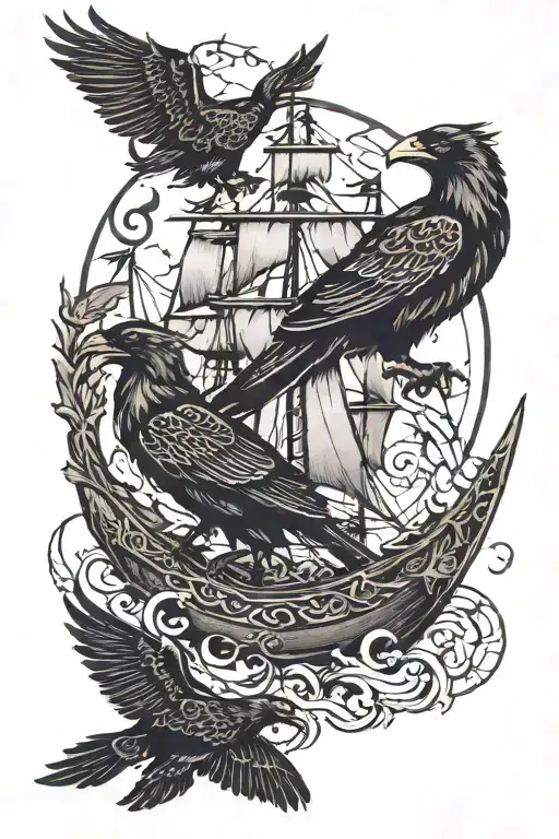 Odin, vikingship, ravens Huginn and Muninn, moonlight  tattoo design idea