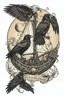 Odin, vikingship, ravens Huginn and Muninn, moonlight  tattoo design idea