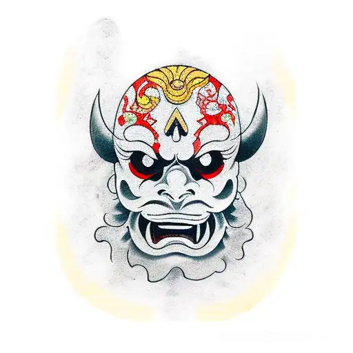 Long dagger with oni mask appearing behind it tattoo design idea