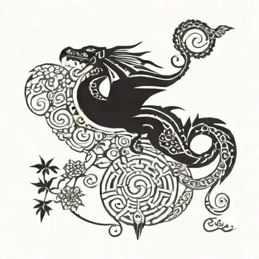 a dragon who is on the tree of life, over time with the moon and the sun, who is with a hummingbird and a mark tattoo design idea