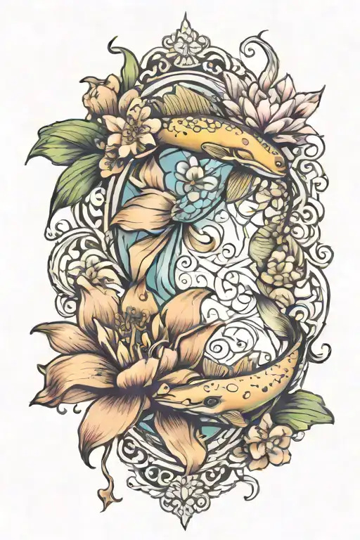 pisces sign and cancer sign intertiwned with iris flower and water lily flower blooming at each end  tattoo design idea