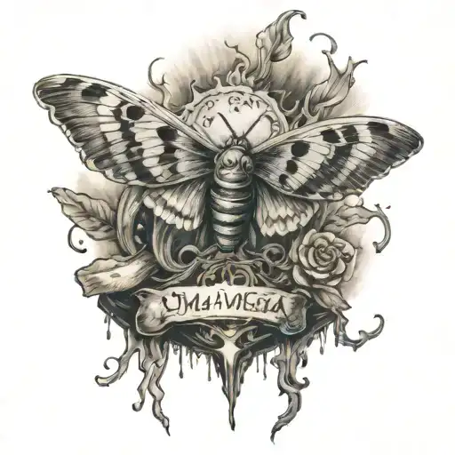 moth floating above a funeral pyre with the words "I'm a winged insect you're a funeral pyre" around it tattoo design idea