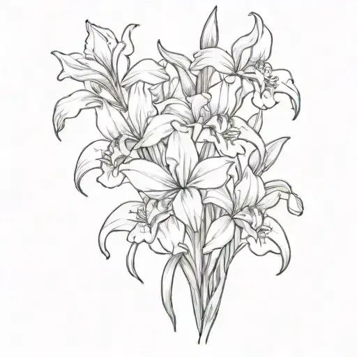 flower bouquet iris columbine larkspur gladiolus flower intertwined tattoo design idea