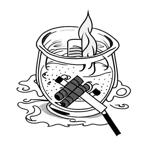 A glass filled with whiskey and a lit cigarette next to it, symbolizing the enjoyment of solitude and indulgence tattoo design idea